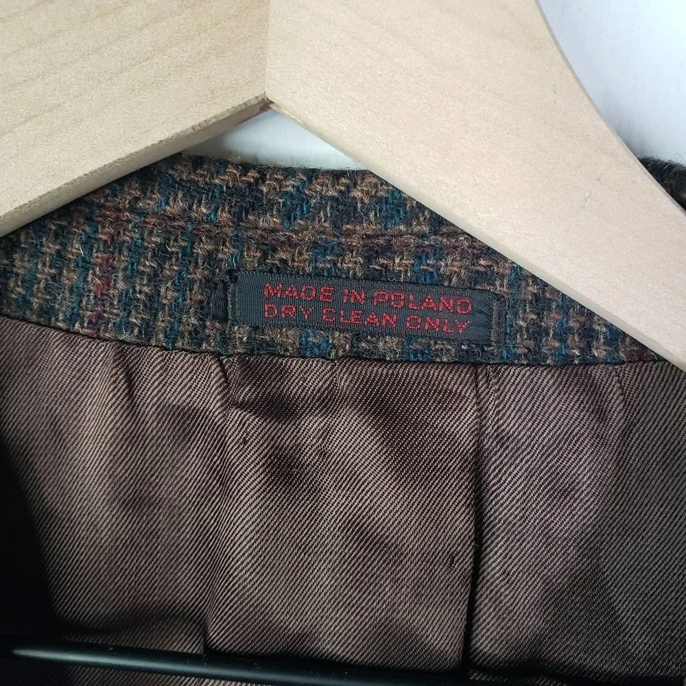 Savile Row Houndstooth Plaid Wool‎ Sport Coat Men's 42L Brown Blue Black